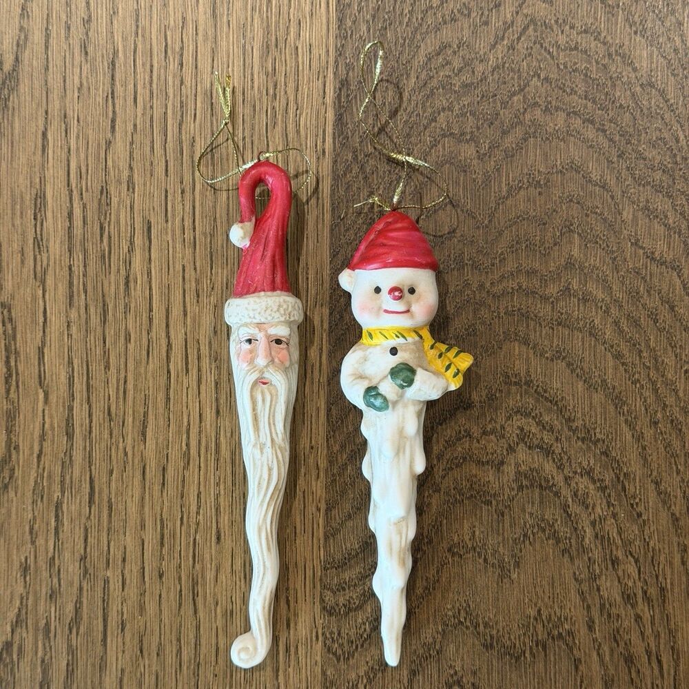 Vtg Ceramic Icicle Christmas Ornaments Lot 2 Santa Long Beard Snowman Holiday